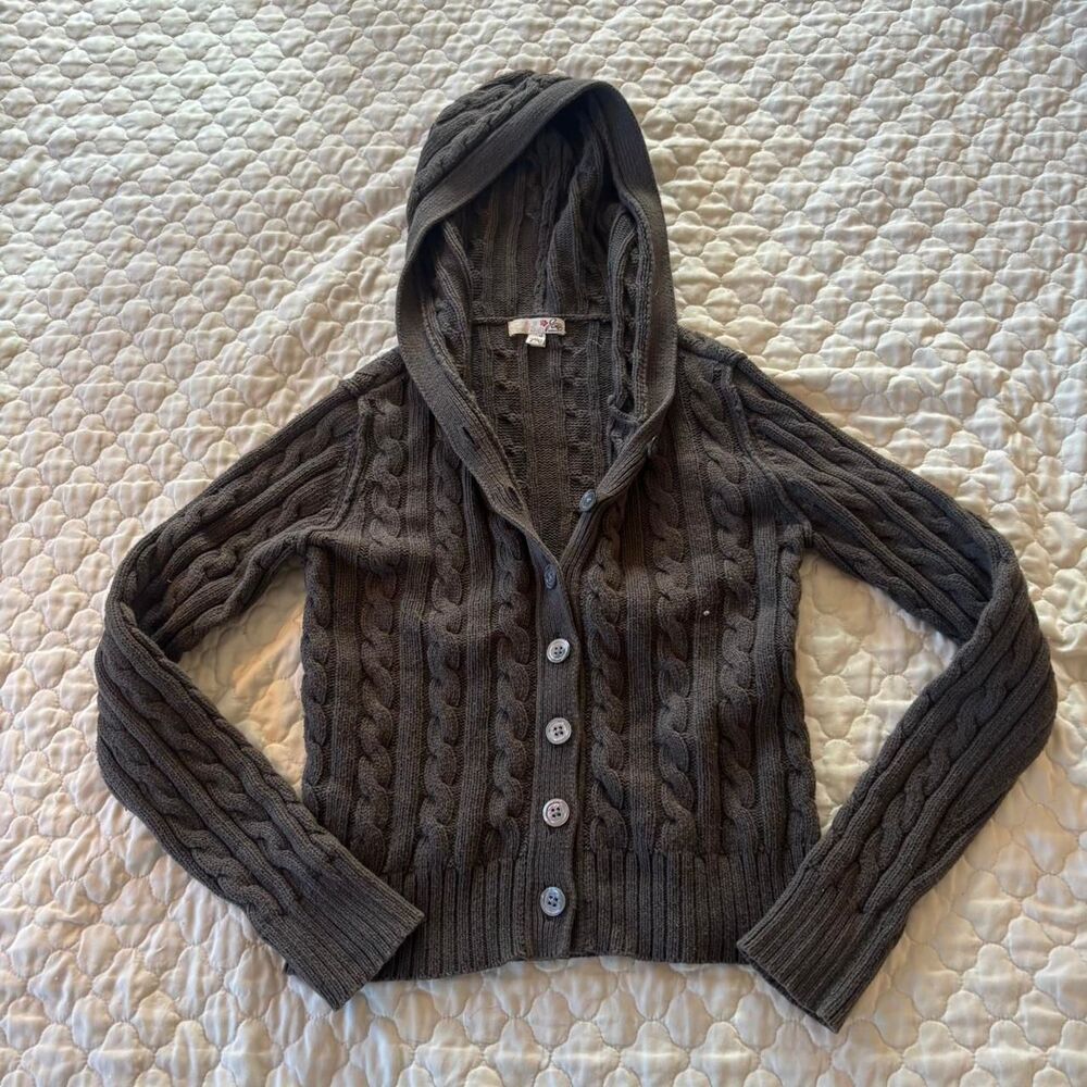 Joie Women’s y2k Green Chunky Knit Cashmere Blend Button Up Hoodie Goblincore